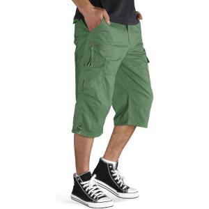 imageTACVASEN Mens Capri Pants with 7 Pockets Cargo Shorts Twill Elastic Below Knee 34 Capri Long ShortsBeangreen