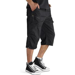 imageTACVASEN Mens Capri Pants with 7 Pockets Cargo Shorts Twill Elastic Below Knee 34 Capri Long ShortsBlack