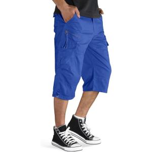 imageTACVASEN Mens Capri Pants with 7 Pockets Cargo Shorts Twill Elastic Below Knee 34 Capri Long ShortsColorblue