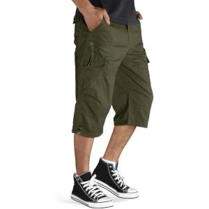 imageTACVASEN Mens Capri Pants with 7 Pockets Cargo Shorts Twill Elastic Below Knee 34 Capri Long ShortsGreen