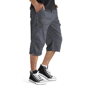 imageTACVASEN Mens Capri Pants with 7 Pockets Cargo Shorts Twill Elastic Below Knee 34 Capri Long ShortsGrey