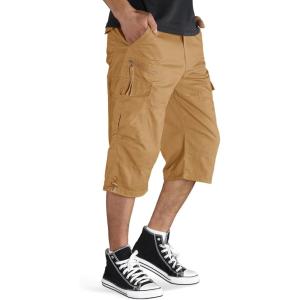imageTACVASEN Mens Capri Pants with 7 Pockets Cargo Shorts Twill Elastic Below Knee 34 Capri Long ShortsKhaki