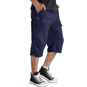imageTACVASEN Mens Capri Pants with 7 Pockets Cargo Shorts Twill Elastic Below Knee 34 Capri Long ShortsNavy