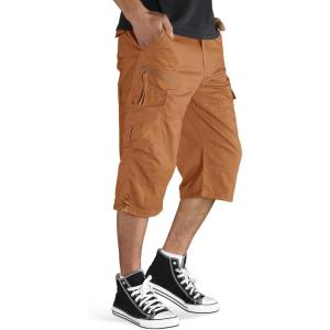 imageTACVASEN Mens Capri Pants with 7 Pockets Cargo Shorts Twill Elastic Below Knee 34 Capri Long ShortsYellow