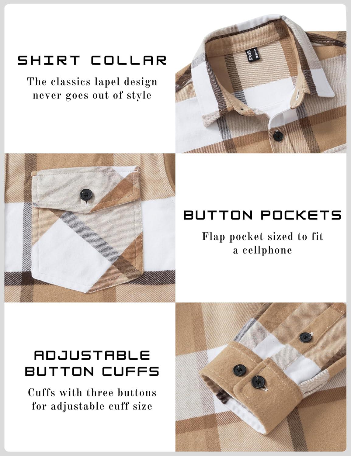 imageTACVASEN Mens Flannel Shirts Brushed Fleece Flannel Shirts Jacket Button Down Soft Cotton Casual Plaid Fall ShirtBeige