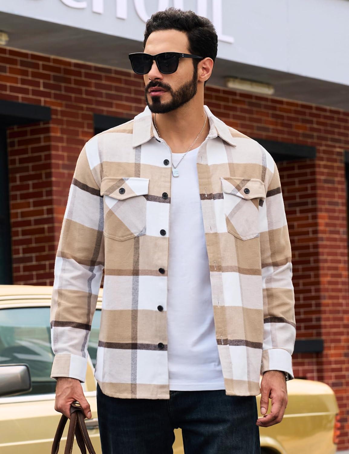 imageTACVASEN Mens Flannel Shirts Brushed Fleece Flannel Shirts Jacket Button Down Soft Cotton Casual Plaid Fall ShirtBeige