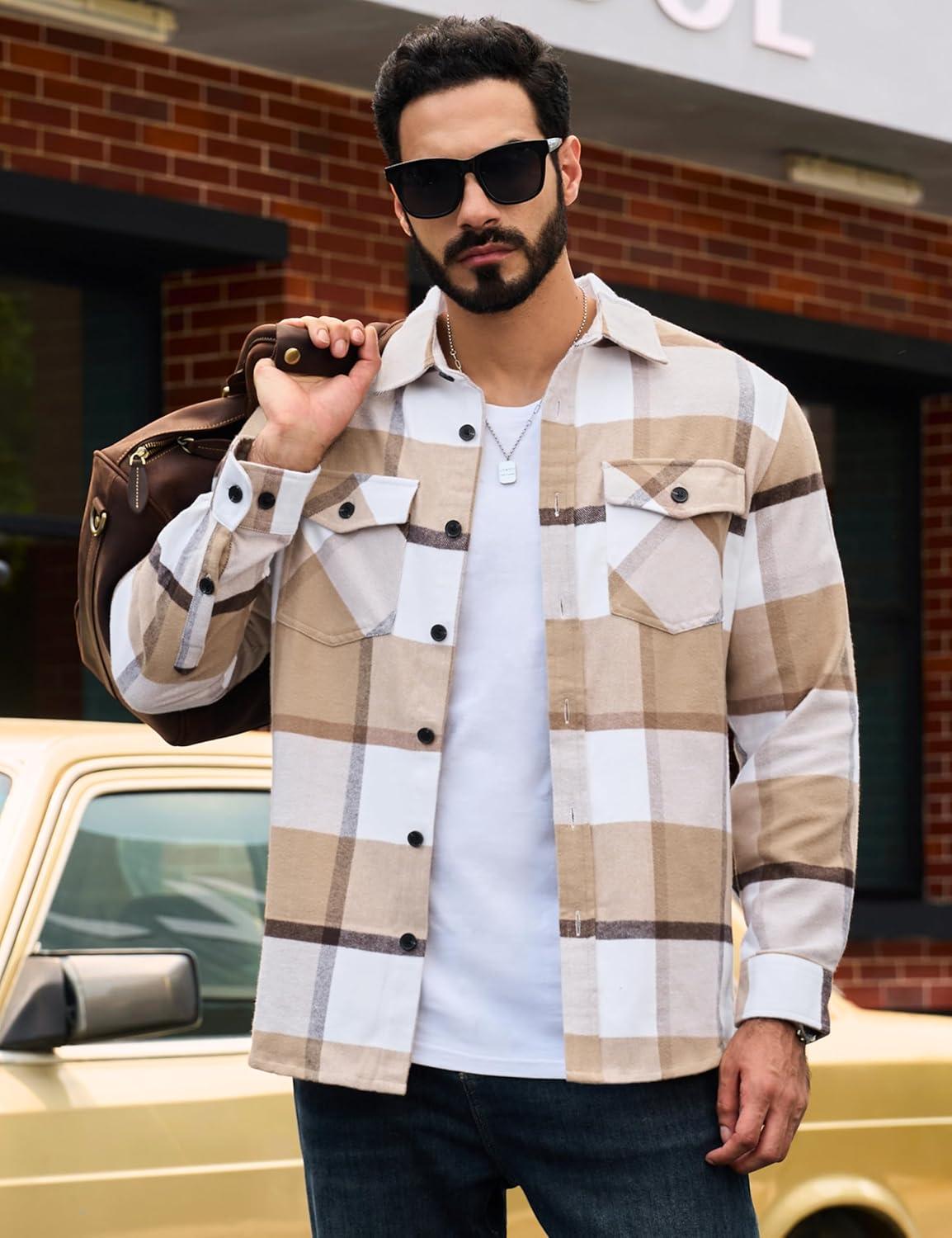 imageTACVASEN Mens Flannel Shirts Brushed Fleece Flannel Shirts Jacket Button Down Soft Cotton Casual Plaid Fall ShirtBeige