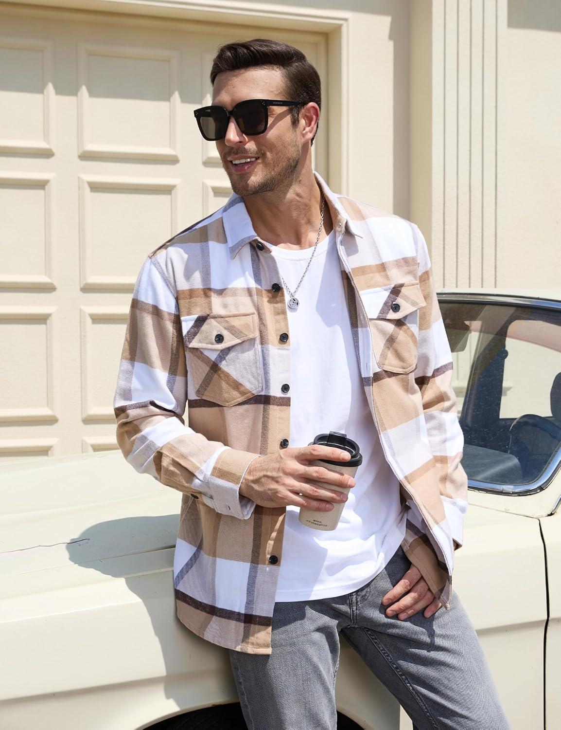 imageTACVASEN Mens Flannel Shirts Brushed Fleece Flannel Shirts Jacket Button Down Soft Cotton Casual Plaid Fall ShirtBeige