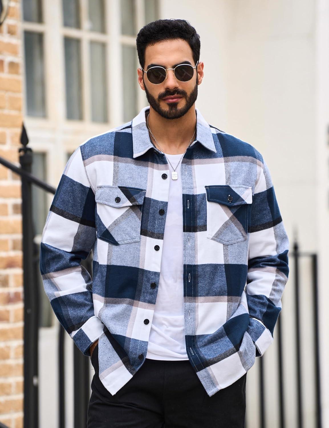 imageTACVASEN Mens Flannel Shirts Brushed Fleece Flannel Shirts Jacket Button Down Soft Cotton Casual Plaid Fall ShirtBlue