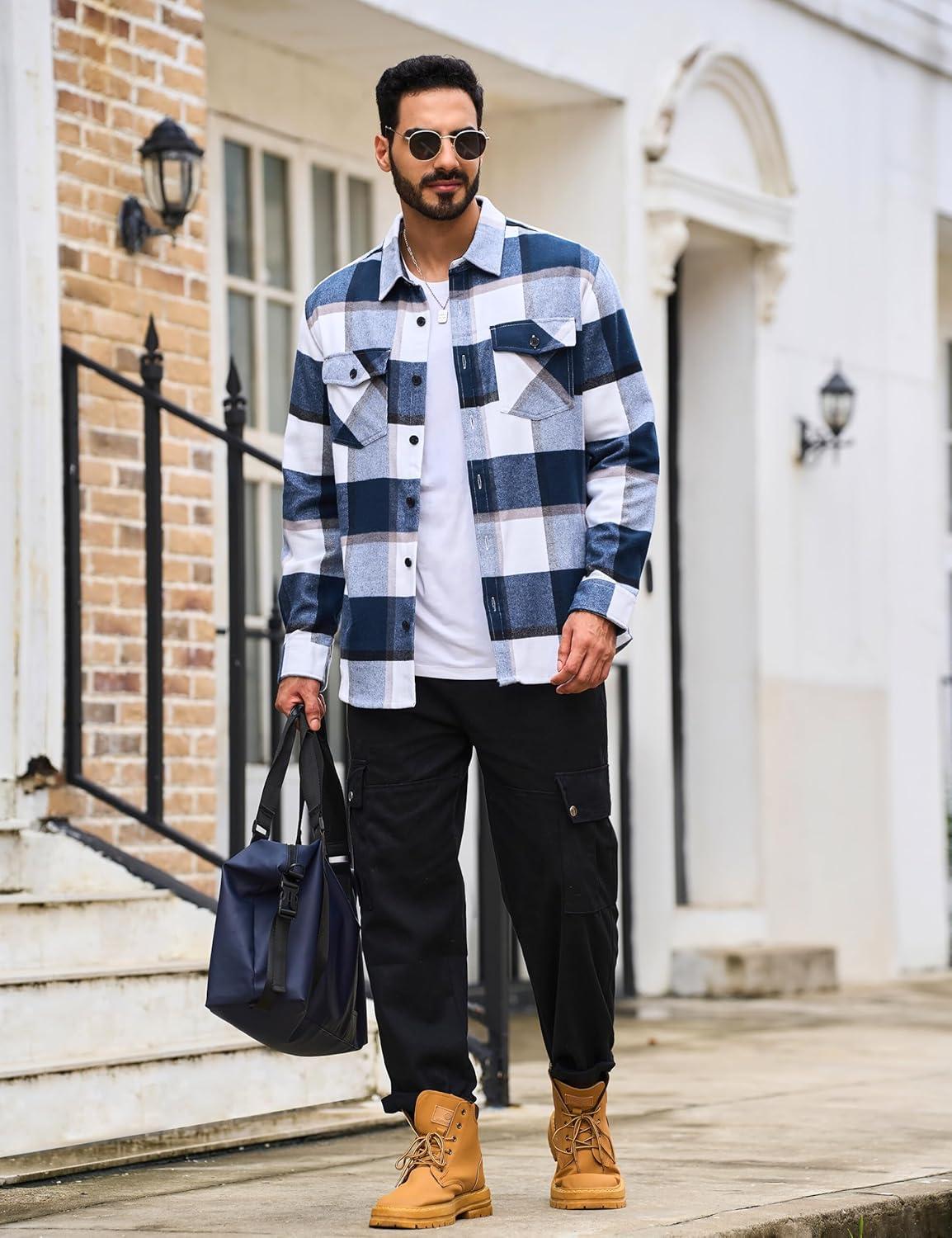 imageTACVASEN Mens Flannel Shirts Brushed Fleece Flannel Shirts Jacket Button Down Soft Cotton Casual Plaid Fall ShirtBlue