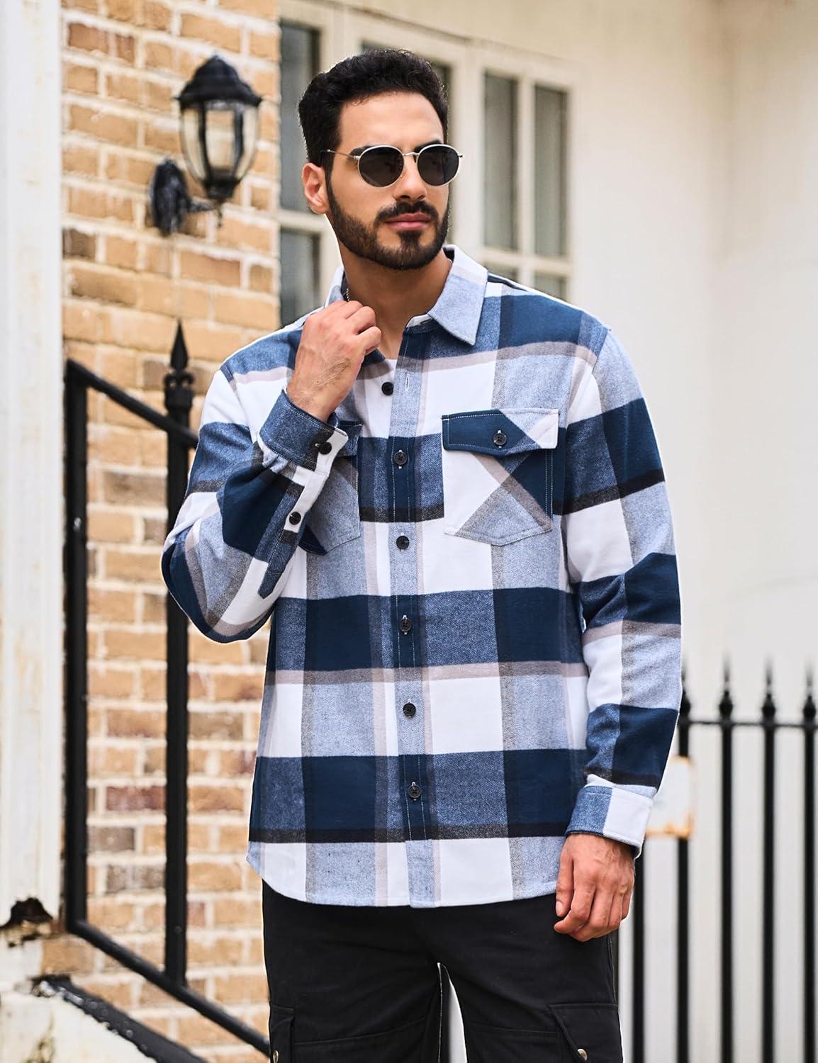 imageTACVASEN Mens Flannel Shirts Brushed Fleece Flannel Shirts Jacket Button Down Soft Cotton Casual Plaid Fall ShirtBlue