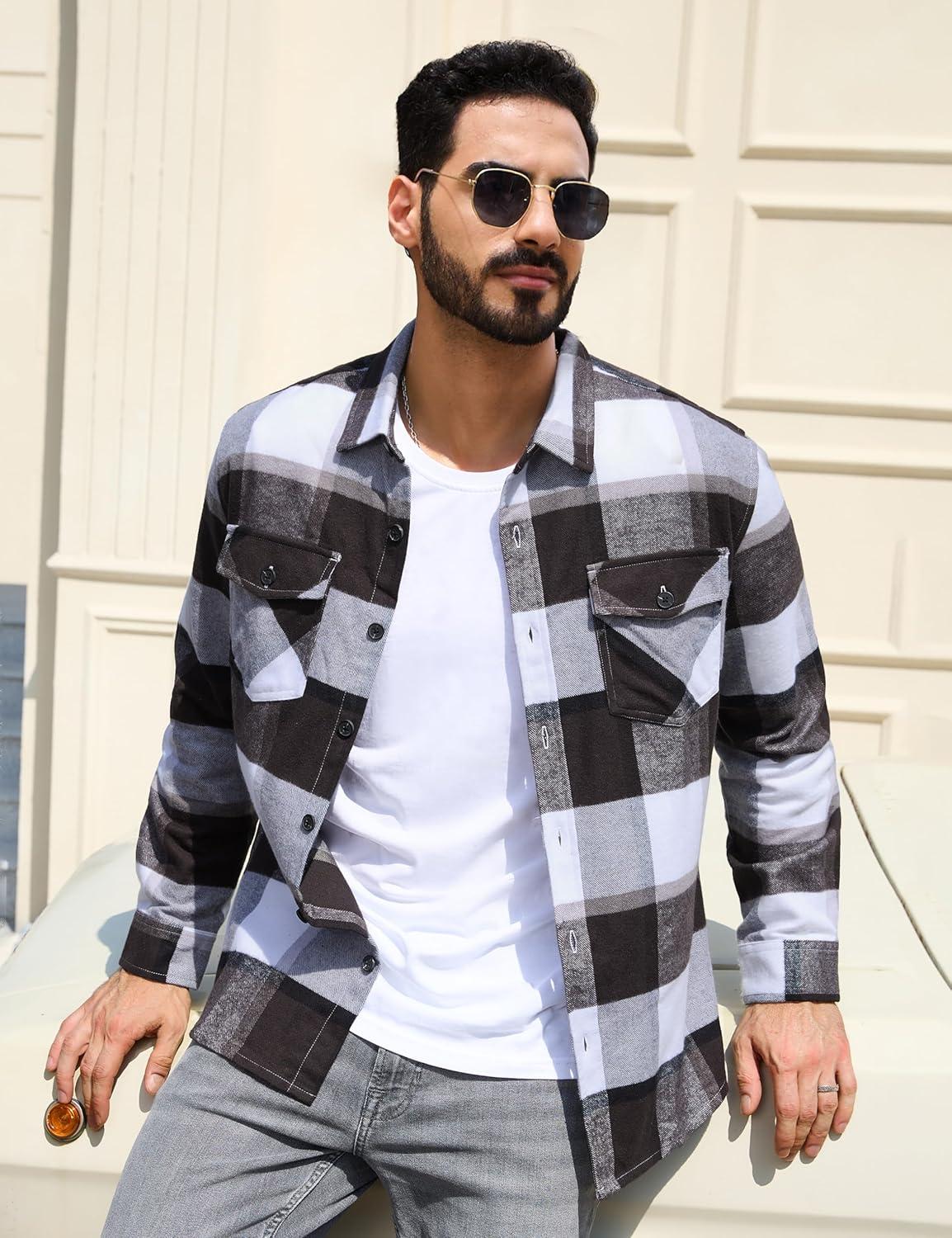 imageTACVASEN Mens Flannel Shirts Brushed Fleece Flannel Shirts Jacket Button Down Soft Cotton Casual Plaid Fall ShirtGrey Black