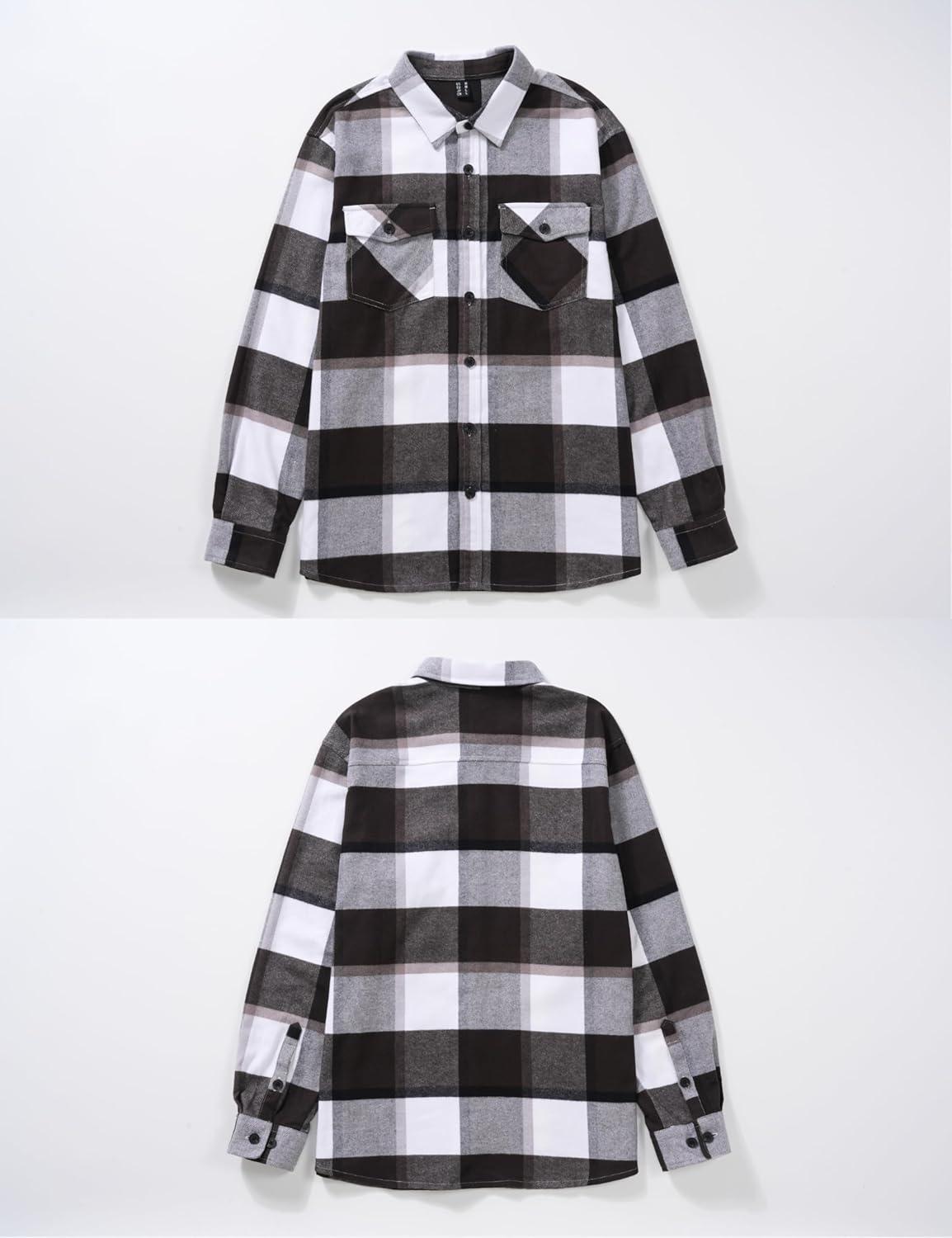 imageTACVASEN Mens Flannel Shirts Brushed Fleece Flannel Shirts Jacket Button Down Soft Cotton Casual Plaid Fall ShirtGrey Black