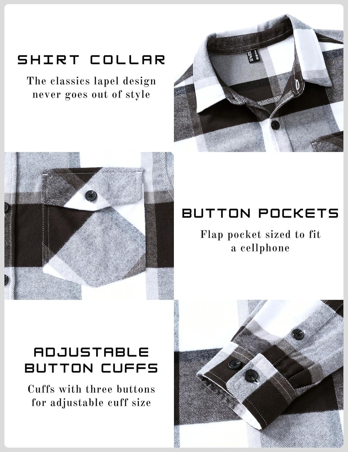 imageTACVASEN Mens Flannel Shirts Brushed Fleece Flannel Shirts Jacket Button Down Soft Cotton Casual Plaid Fall ShirtGrey Black