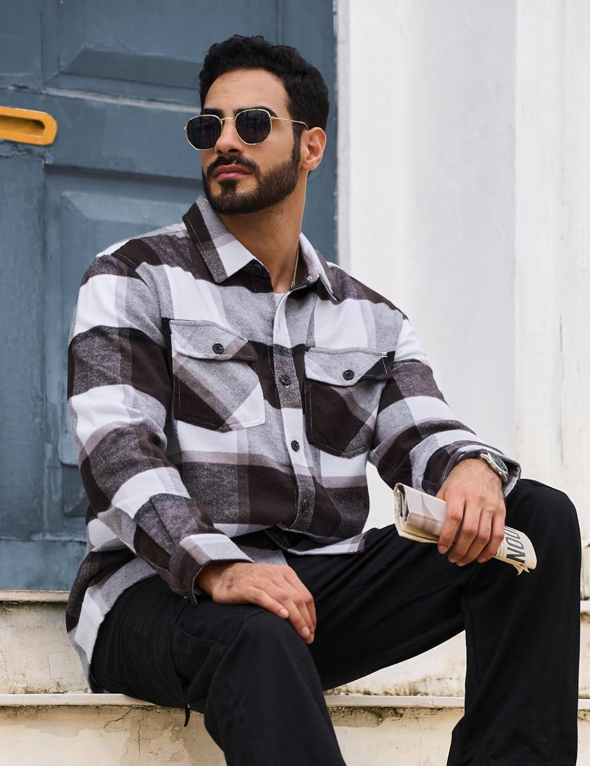 imageTACVASEN Mens Flannel Shirts Brushed Fleece Flannel Shirts Jacket Button Down Soft Cotton Casual Plaid Fall ShirtGrey Black