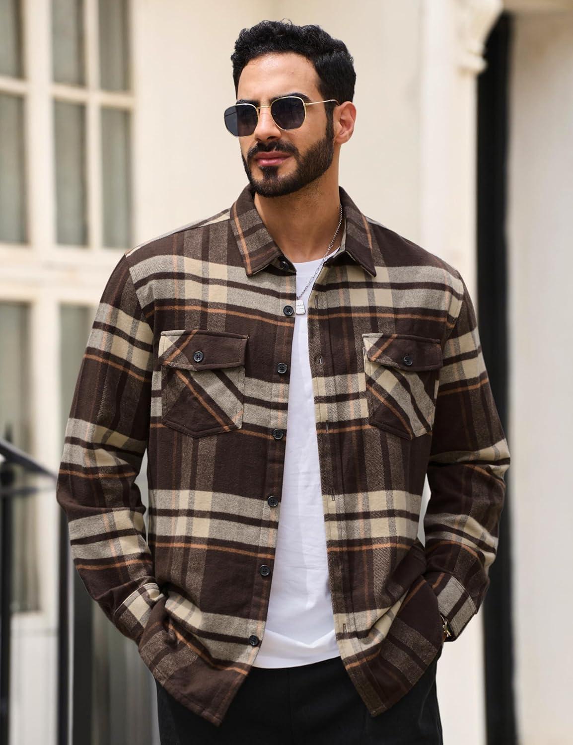 imageTACVASEN Mens Flannel Shirts Brushed Fleece Flannel Shirts Jacket Button Down Soft Cotton Casual Plaid Fall ShirtYellow Brown