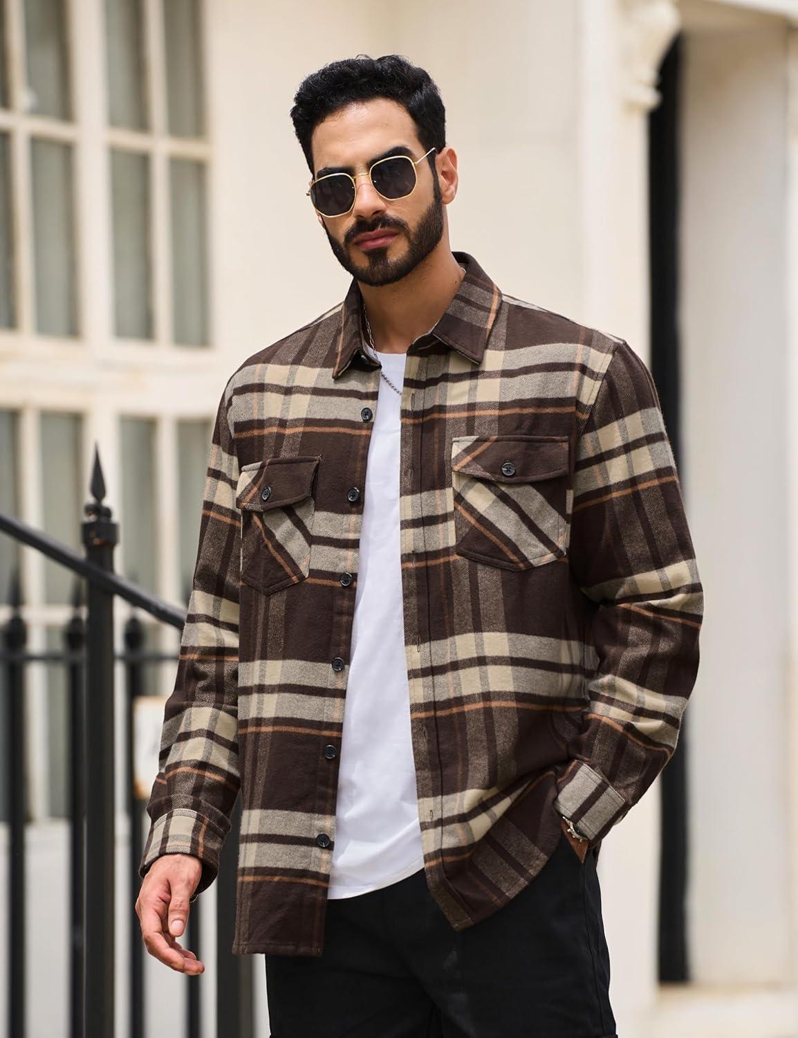 imageTACVASEN Mens Flannel Shirts Brushed Fleece Flannel Shirts Jacket Button Down Soft Cotton Casual Plaid Fall ShirtYellow Brown