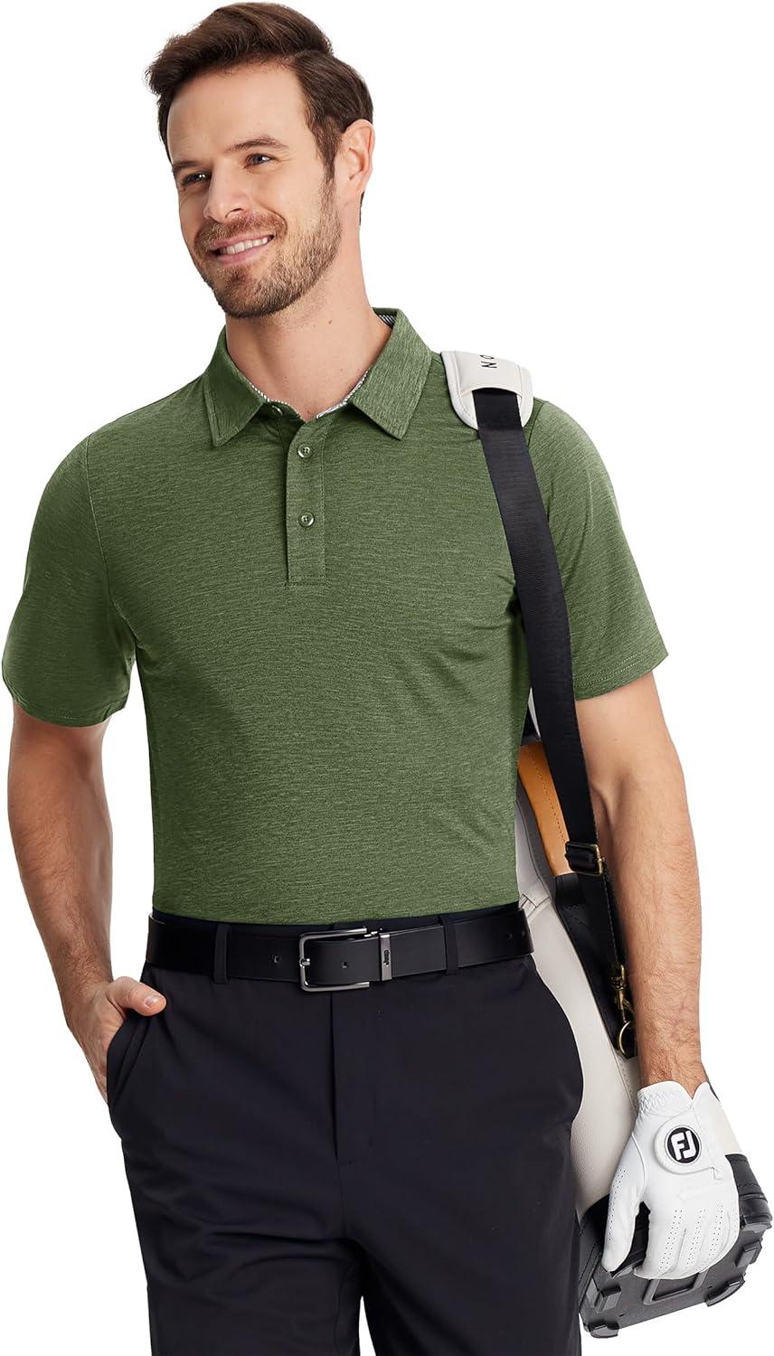 imageTACVASEN Mens Golf Shirts Short Sleeve Quick Dry Polo Shirts Moisture Wicking Casual Business Sports Breathable PoloArmy Green