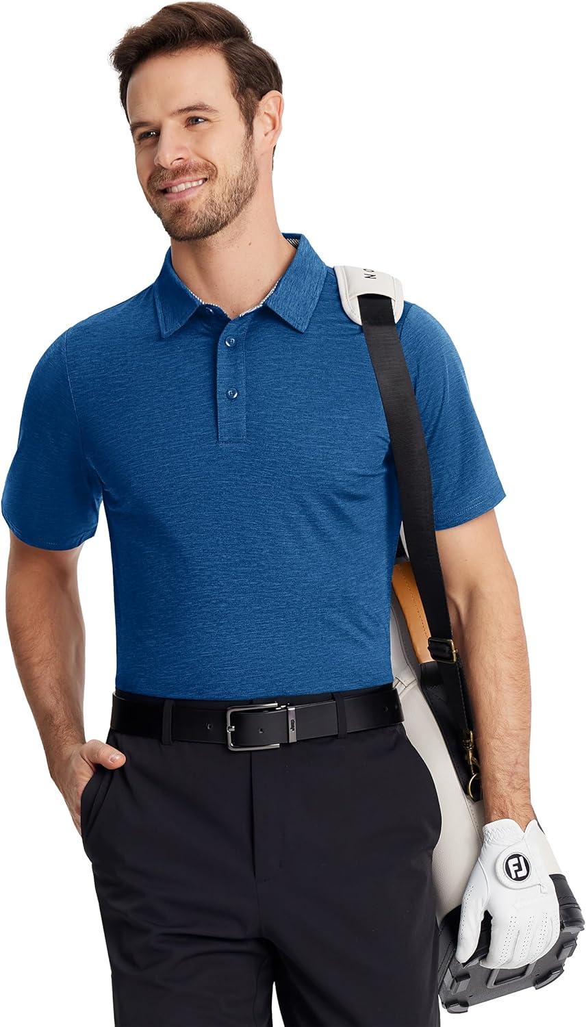 imageTACVASEN Mens Golf Shirts Short Sleeve Quick Dry Polo Shirts Moisture Wicking Casual Business Sports Breathable PoloMid Blue
