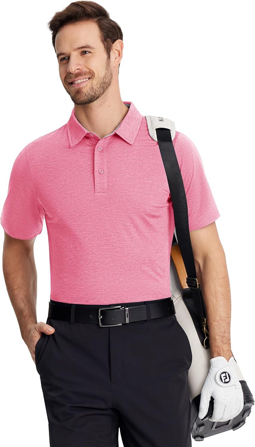 imageTACVASEN Mens Golf Shirts Short Sleeve Quick Dry Polo Shirts Moisture Wicking Casual Business Sports Breathable PoloPink