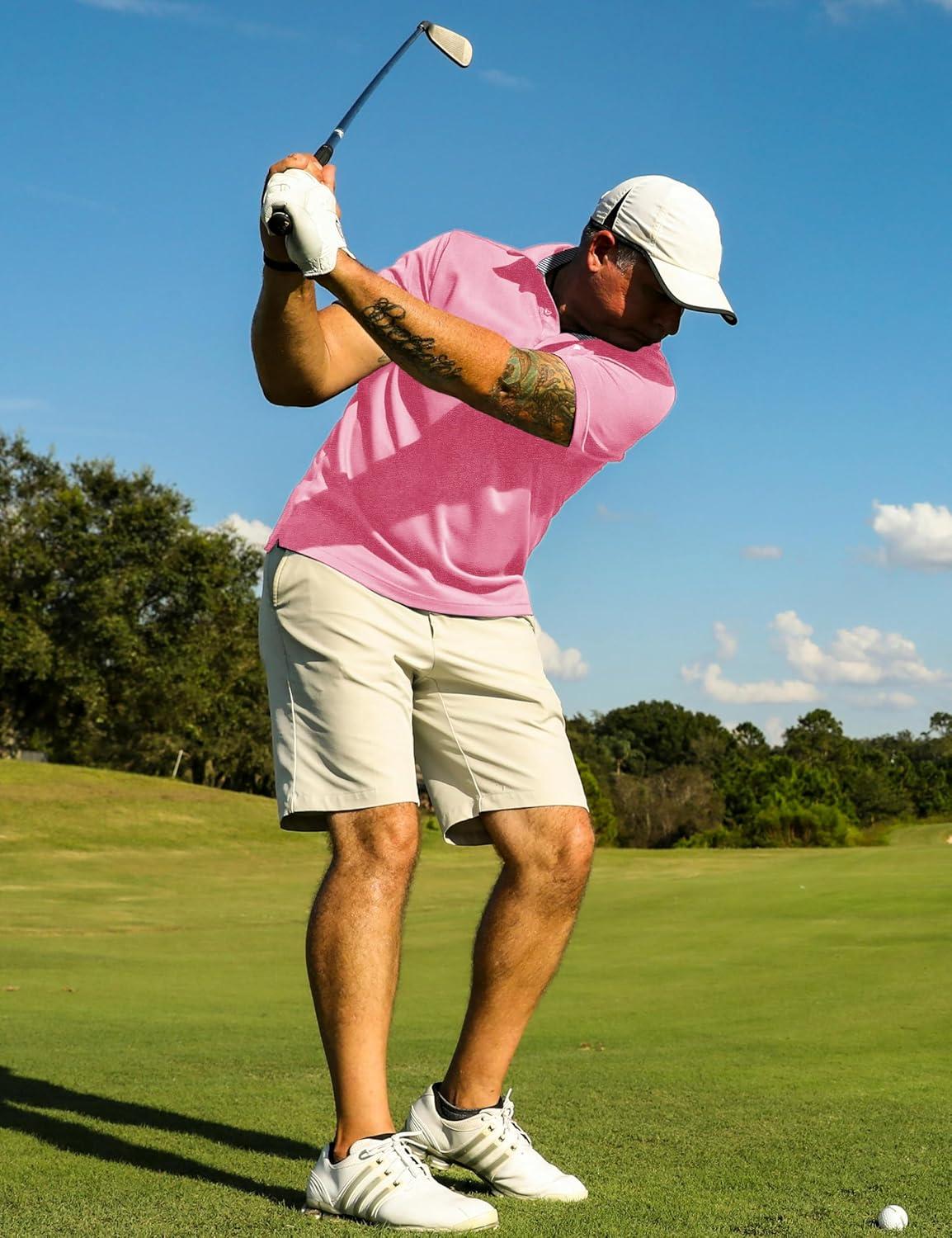 imageTACVASEN Mens Golf Shirts Short Sleeve Quick Dry Polo Shirts Moisture Wicking Casual Business Sports Breathable PoloPink