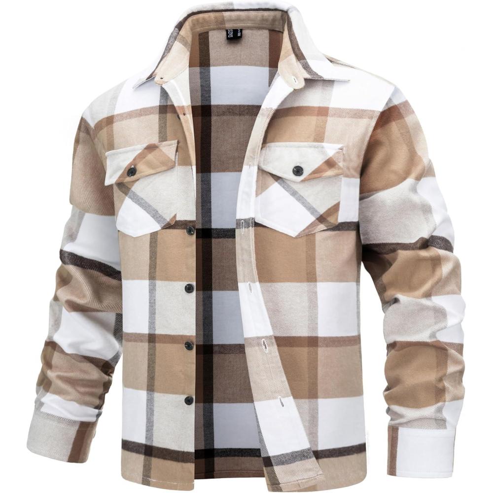 imageTACVASEN Mens Flannel Shirts Brushed Fleece Flannel Shirts Jacket Button Down Soft Cotton Casual Plaid Fall ShirtBeige