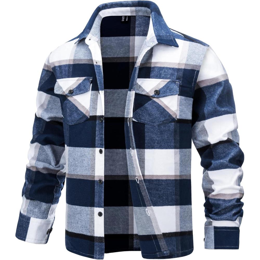 imageTACVASEN Mens Flannel Shirts Brushed Fleece Flannel Shirts Jacket Button Down Soft Cotton Casual Plaid Fall ShirtBlue