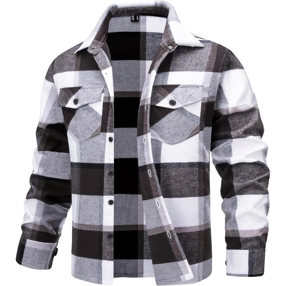 imageTACVASEN Mens Flannel Shirts Brushed Fleece Flannel Shirts Jacket Button Down Soft Cotton Casual Plaid Fall ShirtGrey Black
