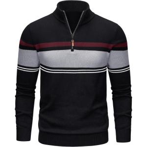 imageTACVASEN Mens Quarter Zip Sweaters Cotton Pullover Sweater Striped Casual Fall Winter Warm Pullover SweatshirtsBlack