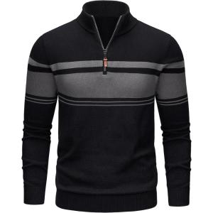 imageTACVASEN Mens Quarter Zip Sweaters Cotton Pullover Sweater Striped Casual Fall Winter Warm Pullover SweatshirtsBlack Grey