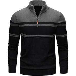 imageTACVASEN Mens Quarter Zip Sweaters Cotton Pullover Sweater Striped Casual Fall Winter Warm Pullover SweatshirtsDark Grey