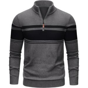 imageTACVASEN Mens Quarter Zip Sweaters Cotton Pullover Sweater Striped Casual Fall Winter Warm Pullover SweatshirtsDark Grey Black