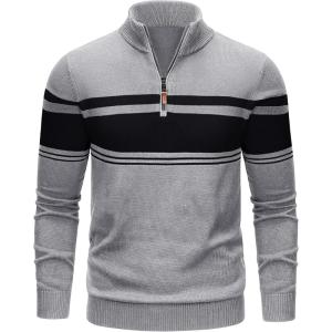 imageTACVASEN Mens Quarter Zip Sweaters Cotton Pullover Sweater Striped Casual Fall Winter Warm Pullover SweatshirtsLight Grey