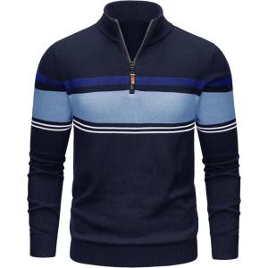 imageTACVASEN Mens Quarter Zip Sweaters Cotton Pullover Sweater Striped Casual Fall Winter Warm Pullover SweatshirtsNavy Lack Blue