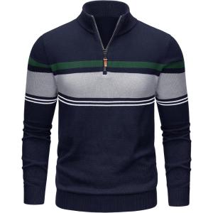 imageTACVASEN Mens Quarter Zip Sweaters Cotton Pullover Sweater Striped Casual Fall Winter Warm Pullover SweatshirtsNavy Light Grey