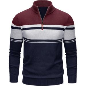 imageTACVASEN Mens Quarter Zip Sweaters Cotton Pullover Sweater Striped Casual Fall Winter Warm Pullover SweatshirtsNavy Wine Red
