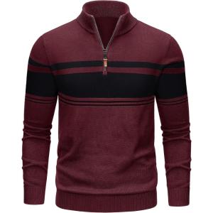 imageTACVASEN Mens Quarter Zip Sweaters Cotton Pullover Sweater Striped Casual Fall Winter Warm Pullover SweatshirtsWine Red