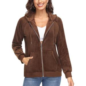 imageTACVASEN Womens Velour Jacket with Hood Long Sleeve Soft Fleece Hooded Full ZipCoffee