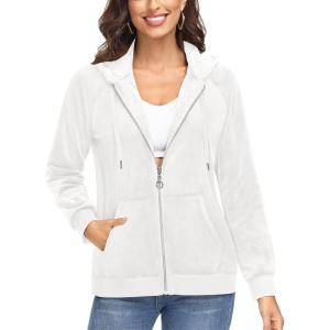 imageTACVASEN Womens Velour Jacket with Hood Long Sleeve Soft Fleece Hooded Full ZipCream White