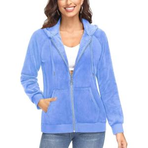 imageTACVASEN Womens Velour Jacket with Hood Long Sleeve Soft Fleece Hooded Full ZipLight Blue