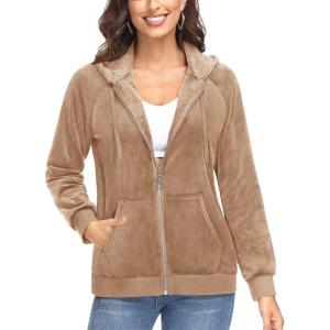 imageTACVASEN Womens Velour Jacket with Hood Long Sleeve Soft Fleece Hooded Full ZipLight Brown