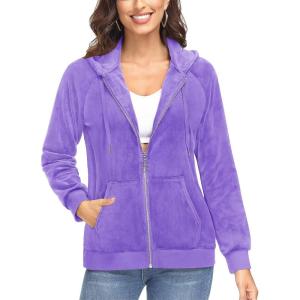 imageTACVASEN Womens Velour Jacket with Hood Long Sleeve Soft Fleece Hooded Full ZipLight Purple