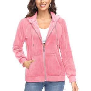 imageTACVASEN Womens Velour Jacket with Hood Long Sleeve Soft Fleece Hooded Full ZipP Pink