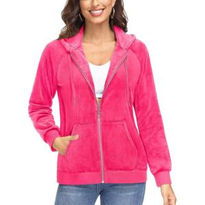 imageTACVASEN Womens Velour Jacket with Hood Long Sleeve Soft Fleece Hooded Full ZipRose Red