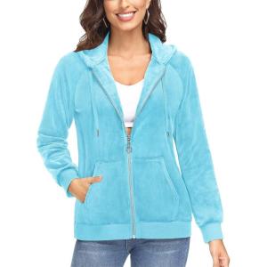 imageTACVASEN Womens Velour Jacket with Hood Long Sleeve Soft Fleece Hooded Full ZipWater Blue
