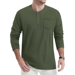 imageTACVASEN Mens Cotton Henley Shirts Long Slevee 3Button with Pocket Moisture Wicking Casual ShirtsArmy Green