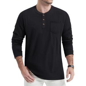 imageTACVASEN Mens Cotton Henley Shirts Long Slevee 3Button with Pocket Moisture Wicking Casual ShirtsBlack