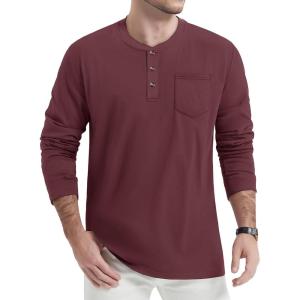 imageTACVASEN Mens Cotton Henley Shirts Long Slevee 3Button with Pocket Moisture Wicking Casual ShirtsBurgundy