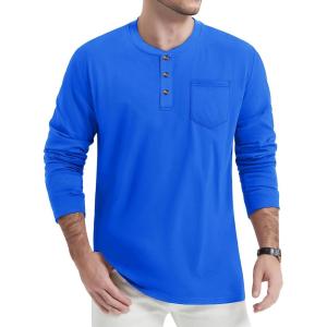 imageTACVASEN Mens Cotton Henley Shirts Long Slevee 3Button with Pocket Moisture Wicking Casual ShirtsColor Blue