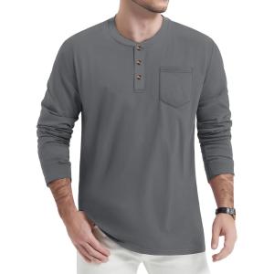 imageTACVASEN Mens Cotton Henley Shirts Long Slevee 3Button with Pocket Moisture Wicking Casual ShirtsDark Gray